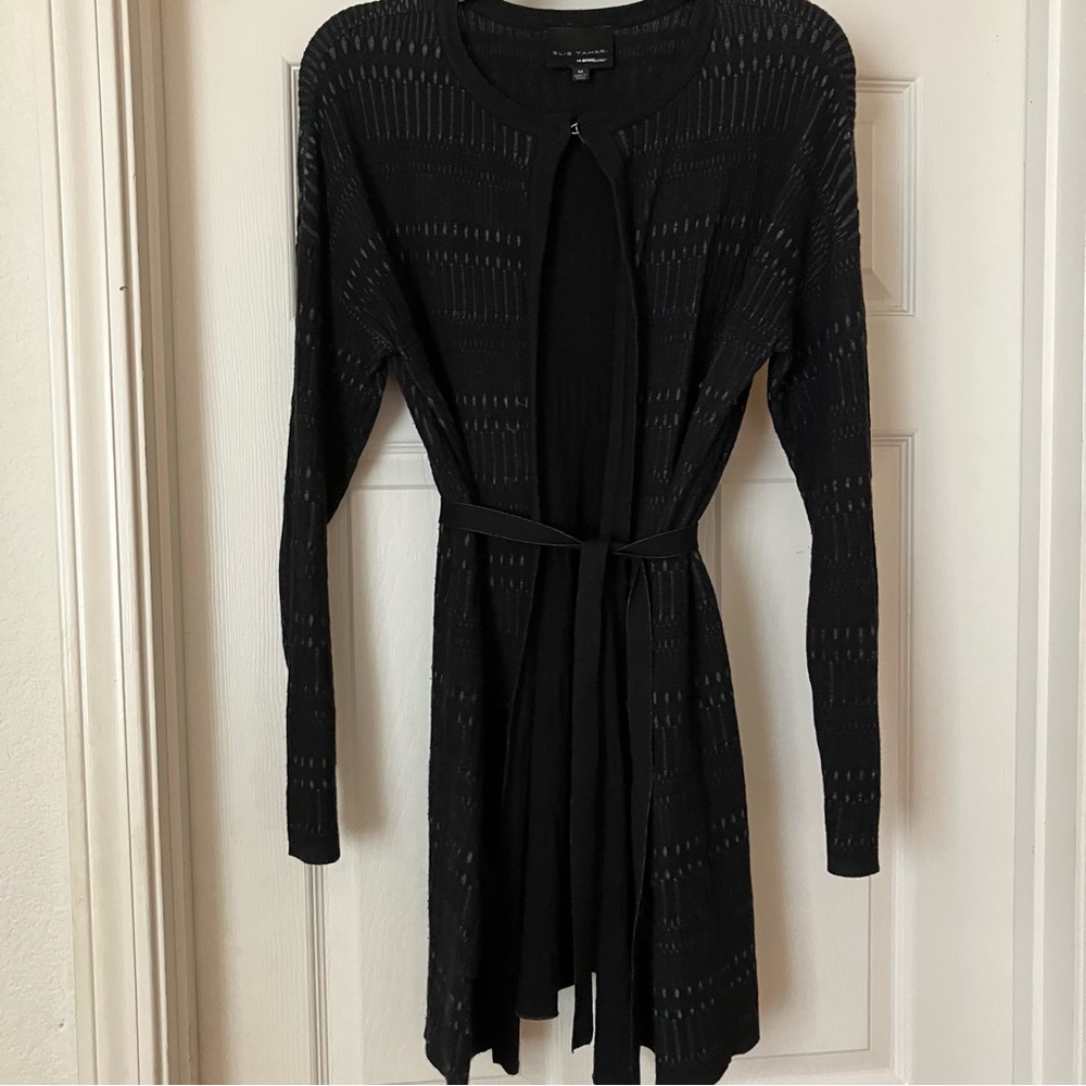 ELIE TAHARI x DesigNation Black Textured Knit Belted Long Cardigan Sweater M